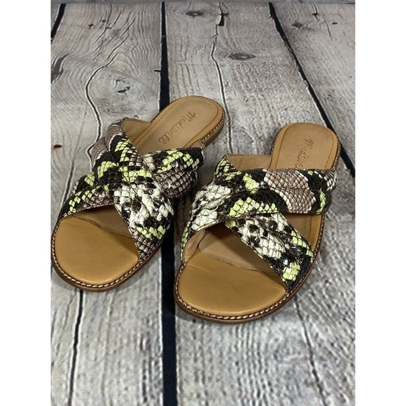 Madewell Skyler Slide Sandals Snake Embossed Leather Crossover Gray Green Sz 6.5 - Picture 2 of 8